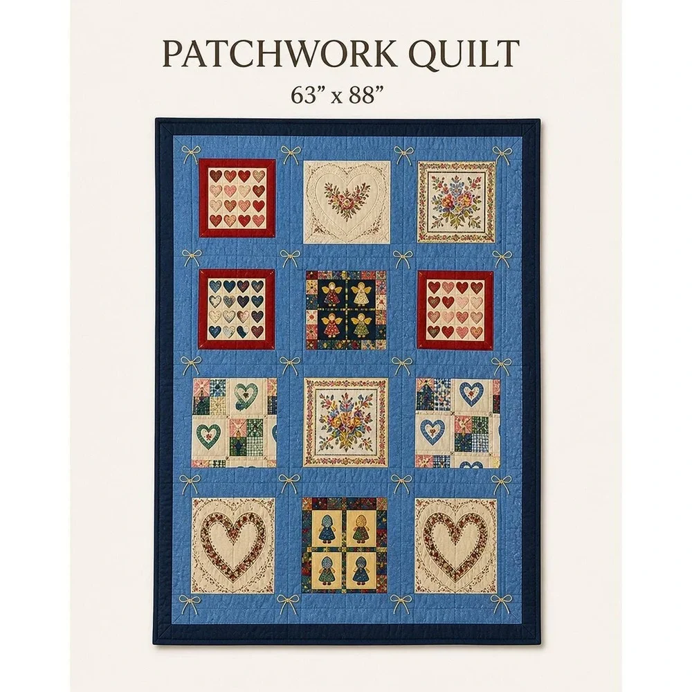 Vintage Patchwork Quilt Twin Blue‎ Hearts Floral Cottage Handmade 62x88